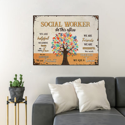 «Hand Tree And Quotes - Social Worker In This Office», reproduction d'art graphique sur toile tendue 1 pièce