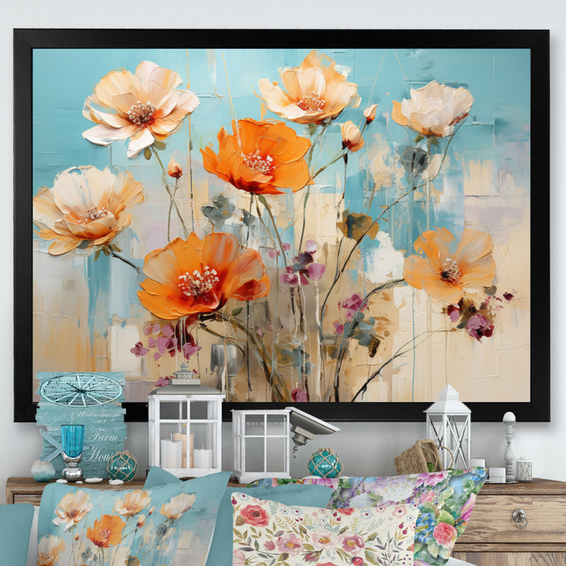 " Orange Blue Cactus Representation ", 30" H x 40" W x 1.5" D, Black Picture Framed