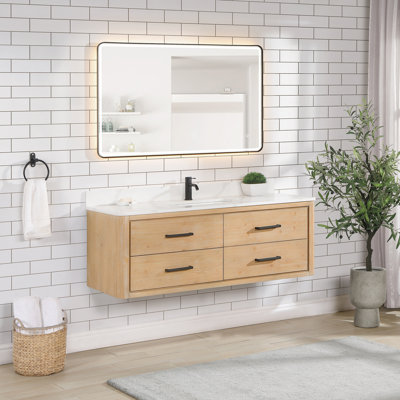 Cristo 55'' Wall Mounted Single Bathroom Vanity with Quartz Top