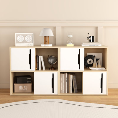 Modern Wooden Storage Cabinet With Sliding Doors,2-Tier Open And Closed Shelves Organizer,Natural Wood Finish With White Panels,For Living Room,Bedroom,Or Kids'room