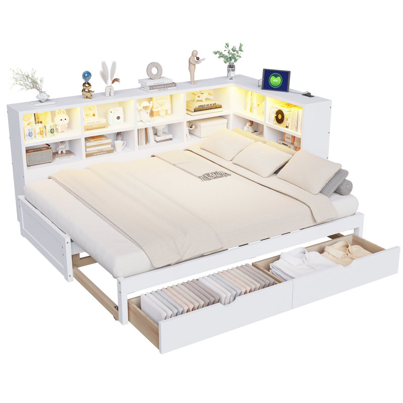Twin XL to King Size Daybed with Two Storage Drawers, Storage Cabinets LED Light and USB Ports, White, White