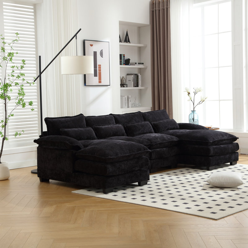 Chenille à quatre places en forme de U, structure en bois massif, éponge pour un siège de style familial et confortable, Noir