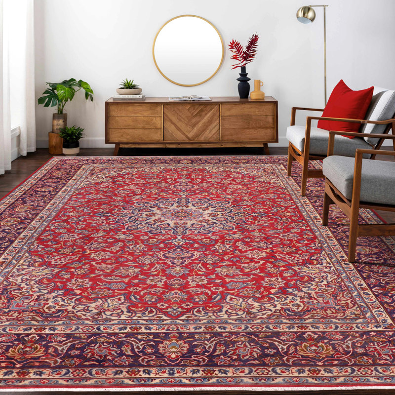 Tapis rouge vintage en laine noué à la main Kashan Jaden - 9 pi 6 po x 14 pi 0 po