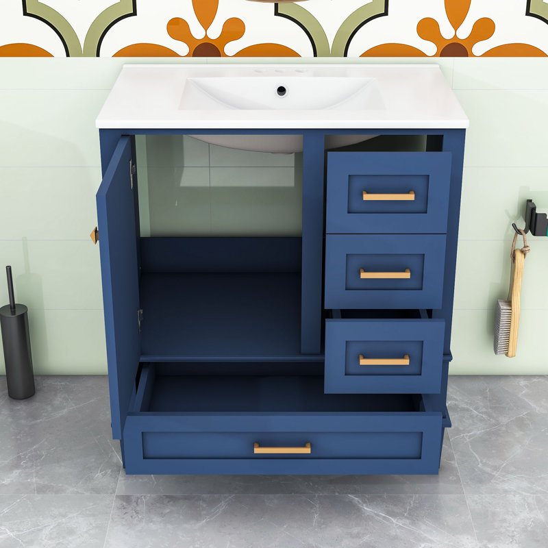 Armoire de salle de bain avec porte à fermeture douce et 3 tiroirs, Bleu