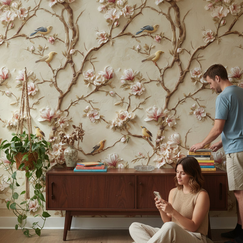 Papier peint floral branches d'oiseaux
