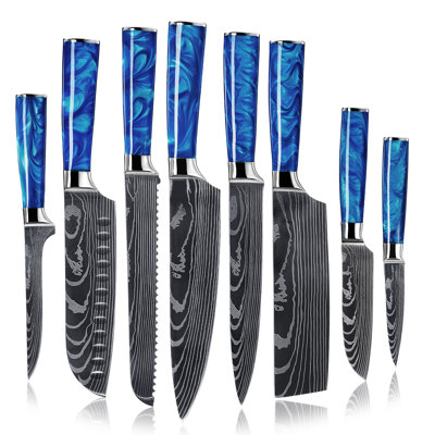 Senken Knives 8-Piece Japanese Kitchen Knife Set With Damascus Blade Pattern & Blue Resin Handles - Cerulean Collection Professional Chef Knife Set wi
