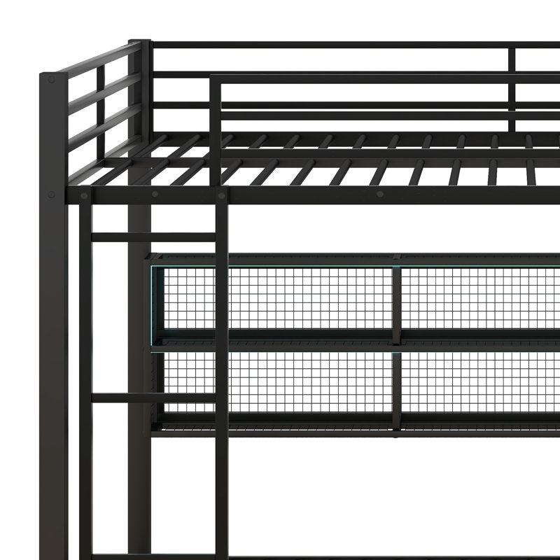 Lit superposé en métal pour grand lit pour les adolescents ou les adultes avec tablettes de rangement et lumière, aucun sommier nécessaire