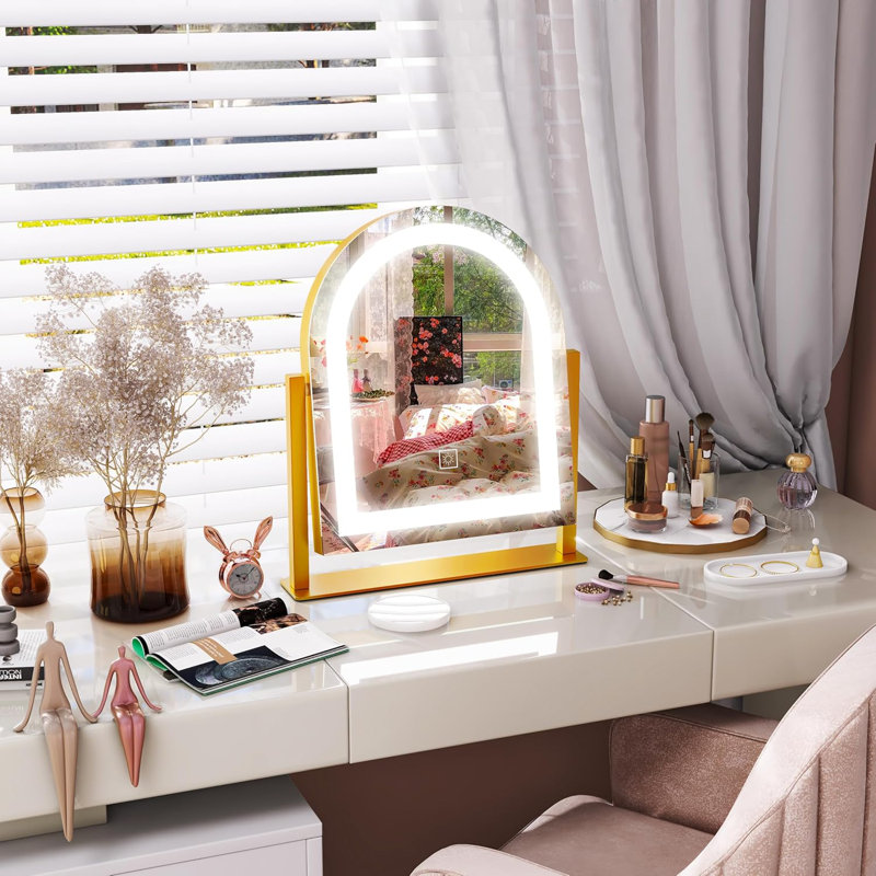 Miroir de maquillage lumineux à DEL avec grossissement 10X - Miroir de salle de bain à écran tactile à intensité variable avec éclairage tricolore, luminosité réglable, pivotant et inclinable pour la chambre à coucher ou le bureau de la coiffeuse