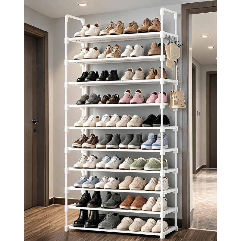 Shoe Rack for Closet - 10-Tier Shoe Organizer with Hook Rack, Large-Capacity & Space-Saving Shoe Shelf for Entryway, Bedroom, Living Room,32.2" x 11.8" x 68.5", White