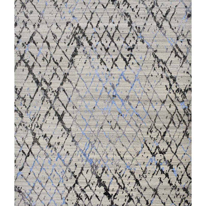 Tapis gris / bleu / noir noué à la main de haute qualité, Rectangle 8 pi x 10 pi