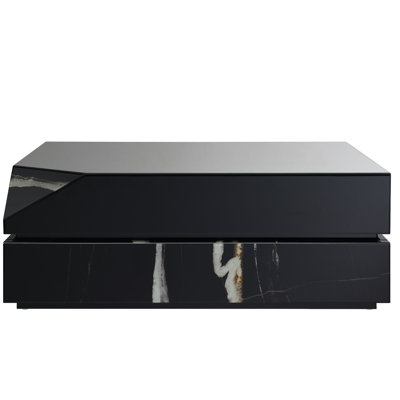 Stylish Black Mirrored Finish Coffee Table, Rectangular 47X28x18, Synthetic Wood, Marble Pattern Chic Marble-Like Decoration