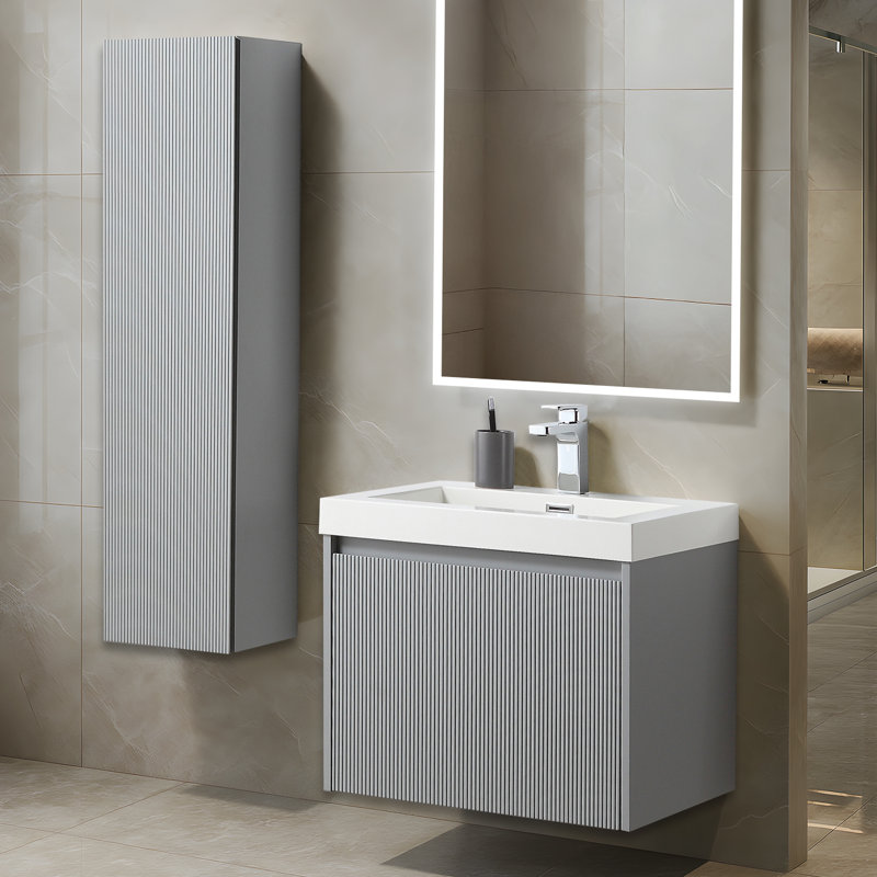Meuble-lavabo flottant 24 po avec lavabo et armoire latérale Pierluigi, Gris clair