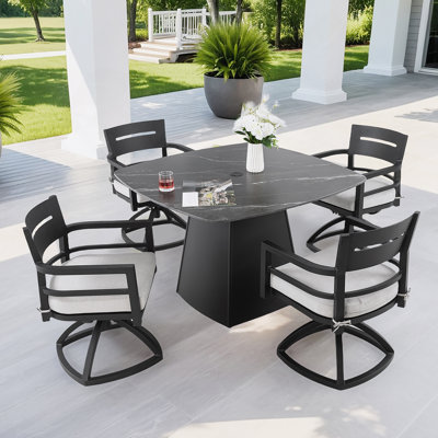 5-Piece Outdoor Pedestal Dining Set, 44" Rounded Square Sintered Stone Table With Flared Base And 4 Swivel Rockers, Sunbrella Cushions, Rust-Free Aluminum, Weather-Resistant, For Patio Or Deck