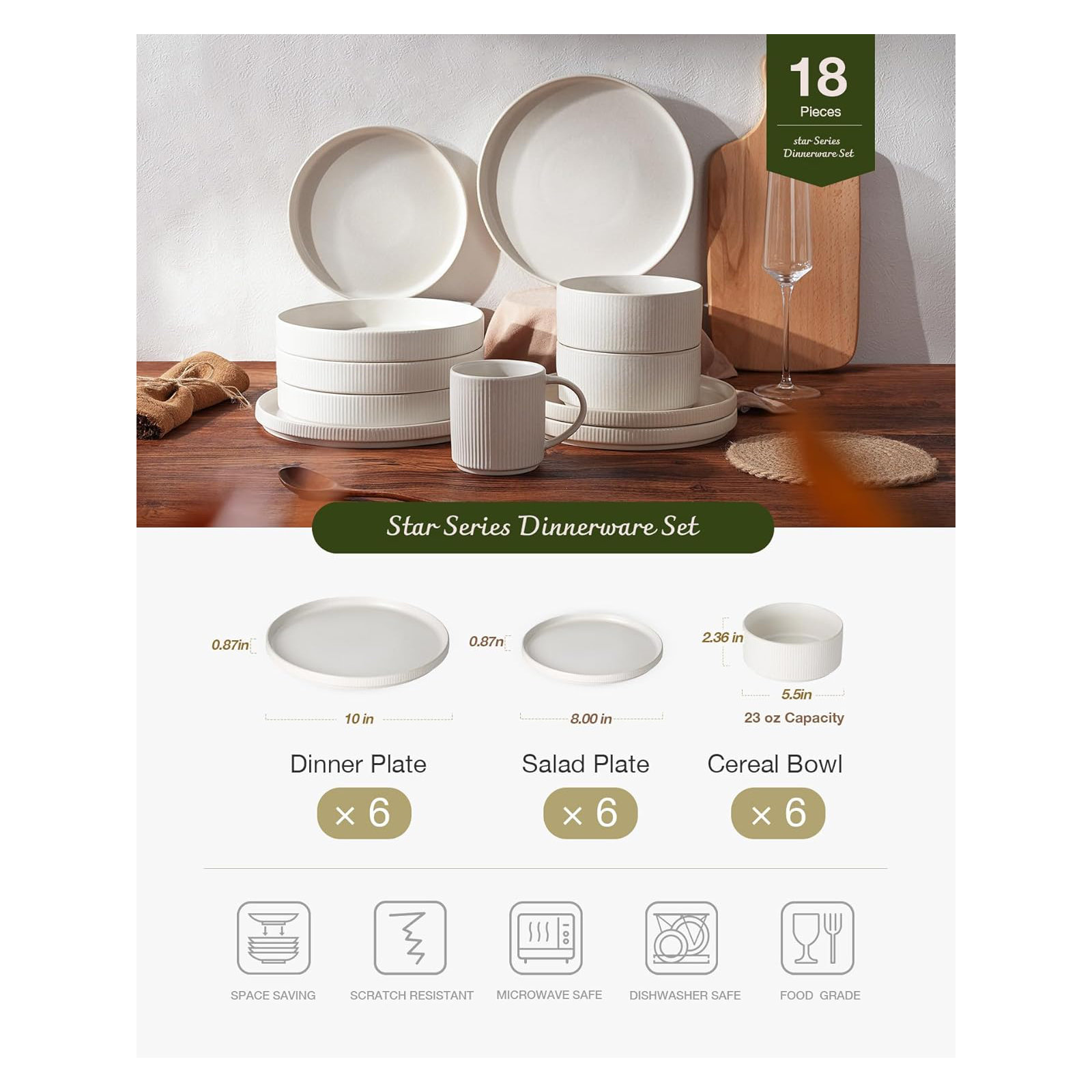 Famiware 18 Piece Dinnerware Sets, Service for 6, Matte White