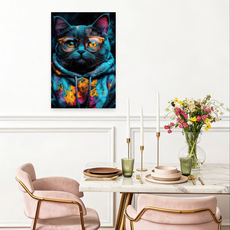 Hip Cat With Glasses Contemporary Cat Architecture City Wall Art Print 1 Piece Wrapped Canvas Wall Art, 60.96cm H x 40.64cm W