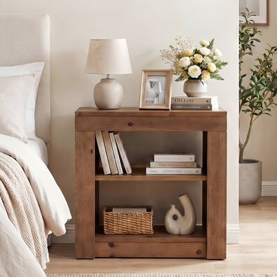 Table de chevet 24 pouces en bois massif avec 2 tablettes ouvertes, table de bout rustique moderne, table d'appoint décorative pour chambre à coucher et salon