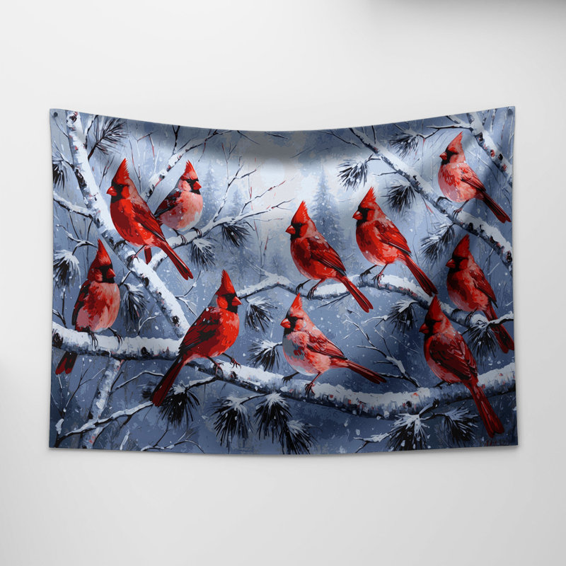 Tapisserie murale de Noël cardinal oiseaux sur des branches couvertes de neige, 51 po x 60 po