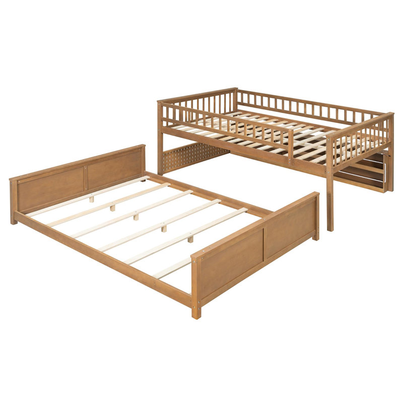 Full XL over Queen Bunk Bed with Integrated Shelving, Color-Changing Lights and Pegboard, Brown, Brown, Full XL Over Queen