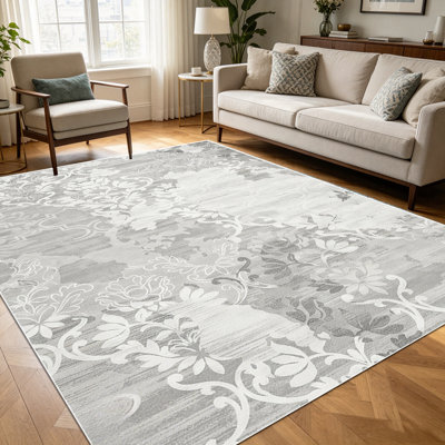 1PC Vintage Distressed Grey Damask Floral area rugs for Living Room, Soft and Comfortable, Suitable for all seasons, easy-to-maintain, machine washable Indoor floor mat, Under Table Farmhouse suitable for dining room, bedroom, entryway, kitchen,