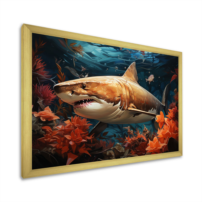 " Grey Orange Shark Underwater Symphony ", Gold Picture Framed, 16" H x 32" W