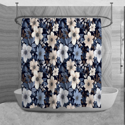Floral Shower Curtain Pattern Bathroom Decor Navy