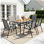 Ensemble de salle à manger de patio toutes saisons pour 6 personnes, table et chaises d'extérieur avec trou de parasol 1,69 po, table 30 po x 55 po et chaise empilable, pour pelouse, terrasse (parasol non inclus) (table noire et chaises grises)