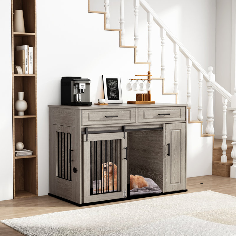 Marysville 45''L Large Dog Crate Furniture with Storage Drawers, Cabinet, Sliding-Door, Gray