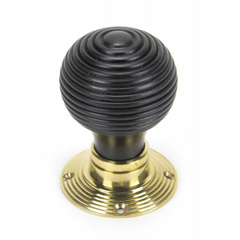 Ebony & Polished Brass Beehive Mortice/Rim Knob Set, Ebony/Polished Brass