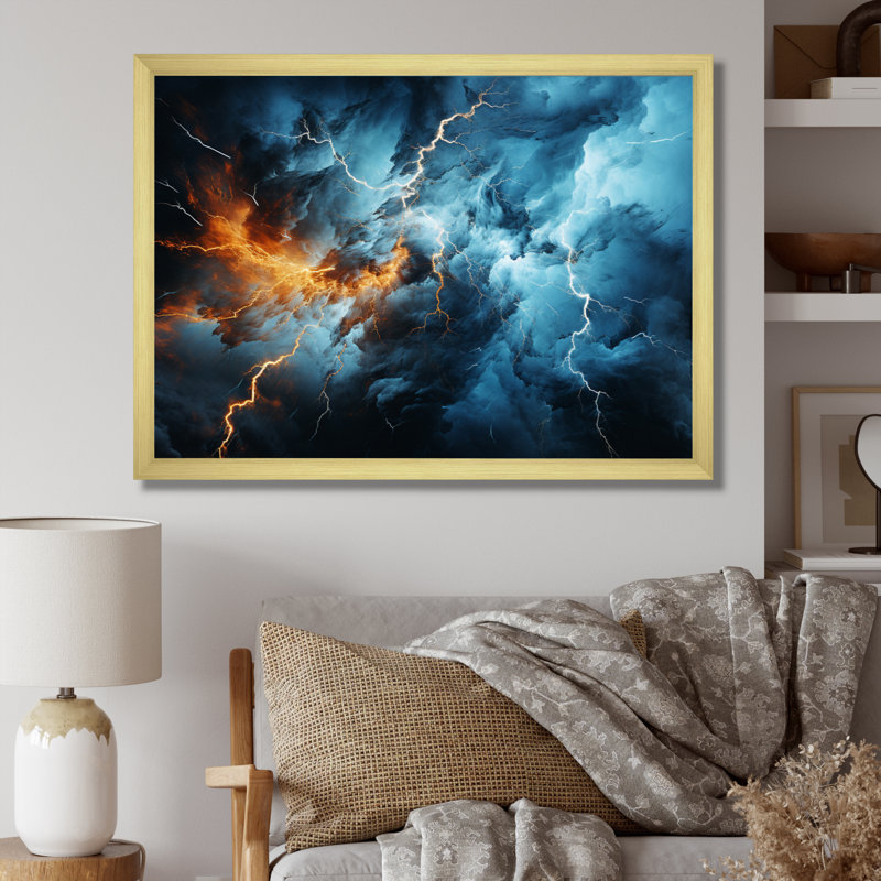 " Lightning Electric Symphony I ", 34" H x 44" W x 1.5" D, Gold Single Picture Framed