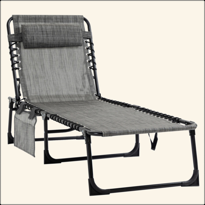 Reclining Chaise Lounge Chair, Portable Sun Lounger, Folding Camping Cot, With Adjustable Backrest And Removable Pillow, For Patio, Garden, Beach