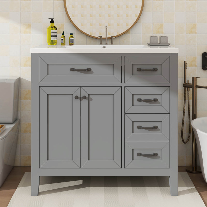 Combinaison de meuble-lavabo pour salle de bain 36 po avec armoire à tiroirs, Gris, Noir