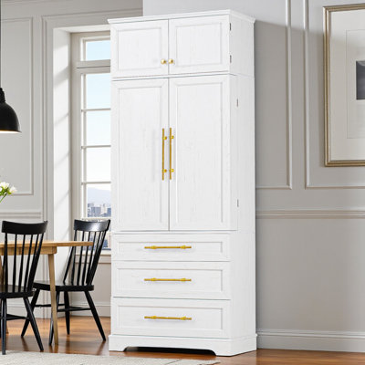 Armoire de cuisine autoportante, grand rangement avec tablettes de porte, quincaillerie dorée, style transitionnel, salle à manger et salon