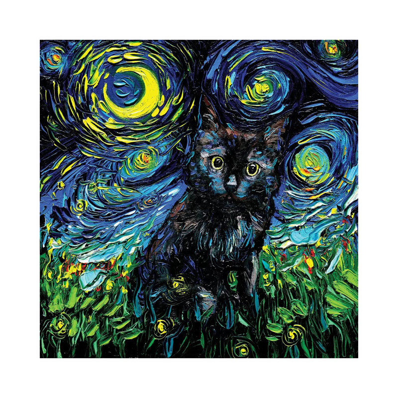 Black Cat Night #3 par AJA trier-reproduction d’art, Pas de tapis, Toile tendue, H 12 po x l 12 po x P 0,75 po