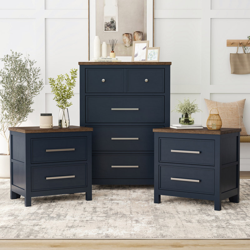 Lonegan 3-Piece Nightstands And Dresser Set, Blue, 3 Pcs: 2 Nightstands, Chest