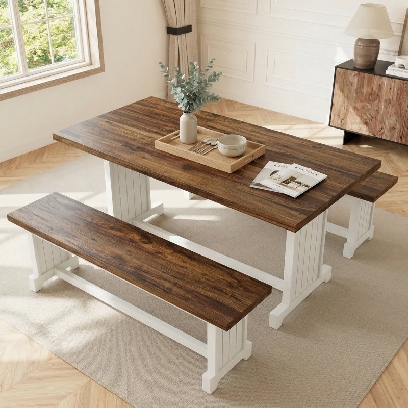 Chakelia Dining Table Set with Benches, White/Brown