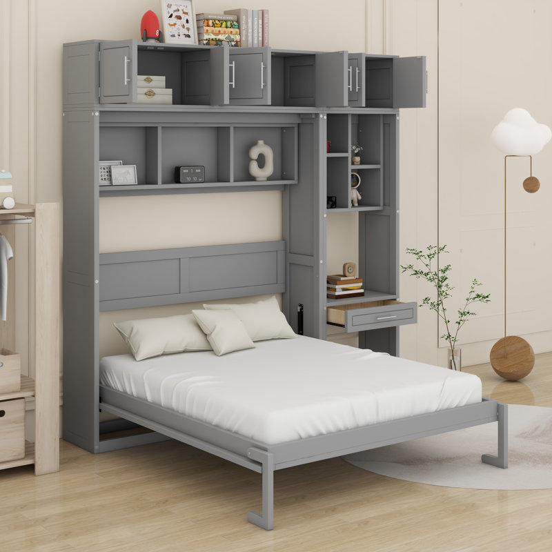 Lit escamotable mural avec bureau, armoire supérieure et tablettes de rangement, lit pliable peu encombrant, gris