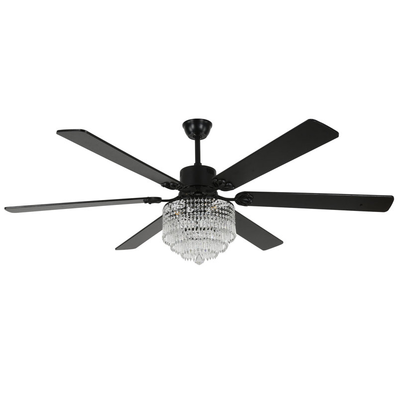 Ventilateur de plafond Leisel 65 po moderne et glamour avec cristaux et lumières, 6 vitesses, réversible, style lustre noir, pour grandes pièces