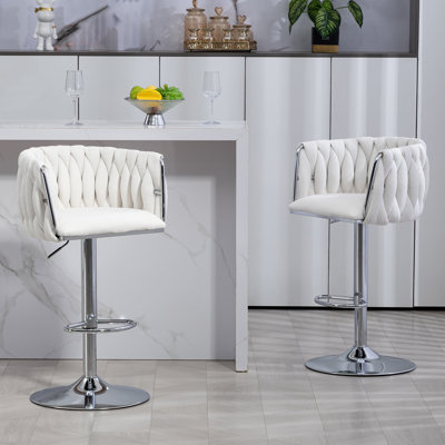 Ensemble de 2 tabourets de bar pivotants avec housse en tissu 360 °, chaises de bar réglables avec dossier tissé et repose-pieds, tabourets de bar chromés argentés pour îlot de cuisine, café, pub (BLEU)