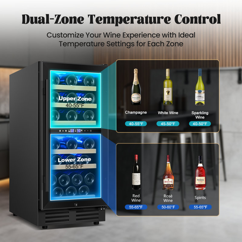 Nipus 15 inch Dual Zone Wine Refrigerator – Black, Reversible Door, Black
