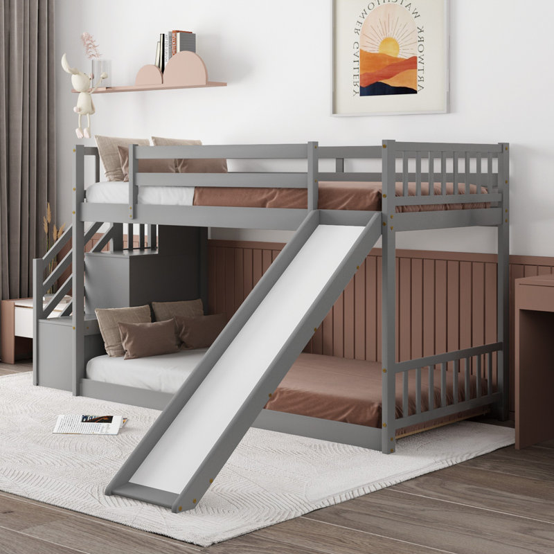 Lit superposé simple au-dessus d'un lit simple avec glissière convertible et escalier en bois massif pour enfants adolescents, gris
