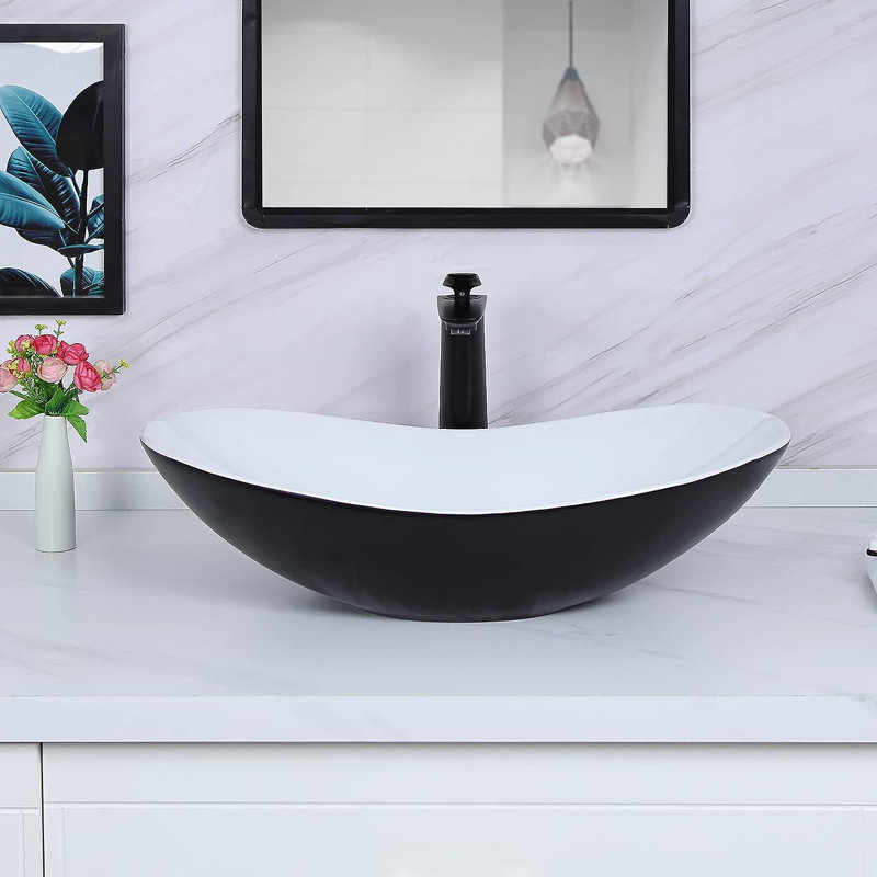 Davivy 24.5" L x 13.8" W White/Matte Black  Oval Vessel Bathroom Sink, White/Black