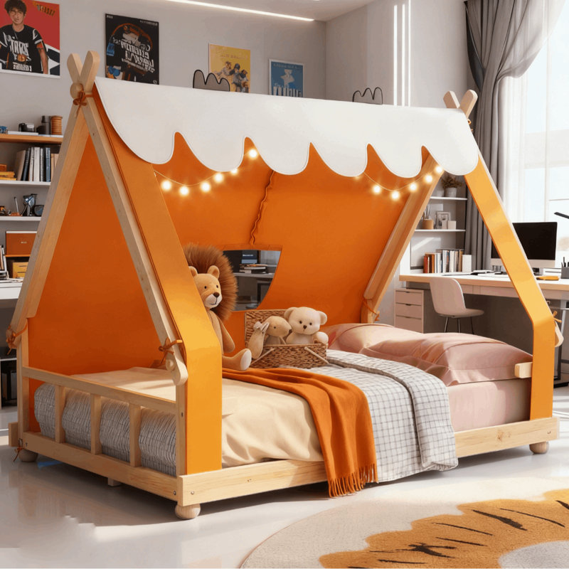 Low House Style Bed With Lights And Curtains, Full, Brown