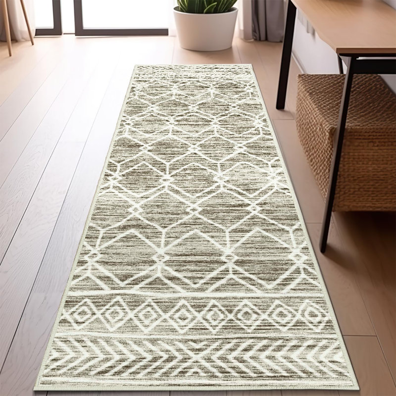 Moroccan Geometric Non Slip Washable Tan Runner Rug, Runner 2' x 5'