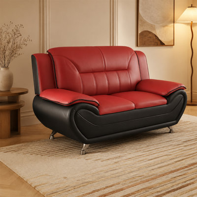 Loveseat, Stainless Steel Legs with Soft Bonded Faux Leather, Sofa with Padded Armrests, Upholstered Furniture, Contrasting Color Design, Simple European-Style Casual Leather Sofa, Modern Minimalist Style, Red & Black