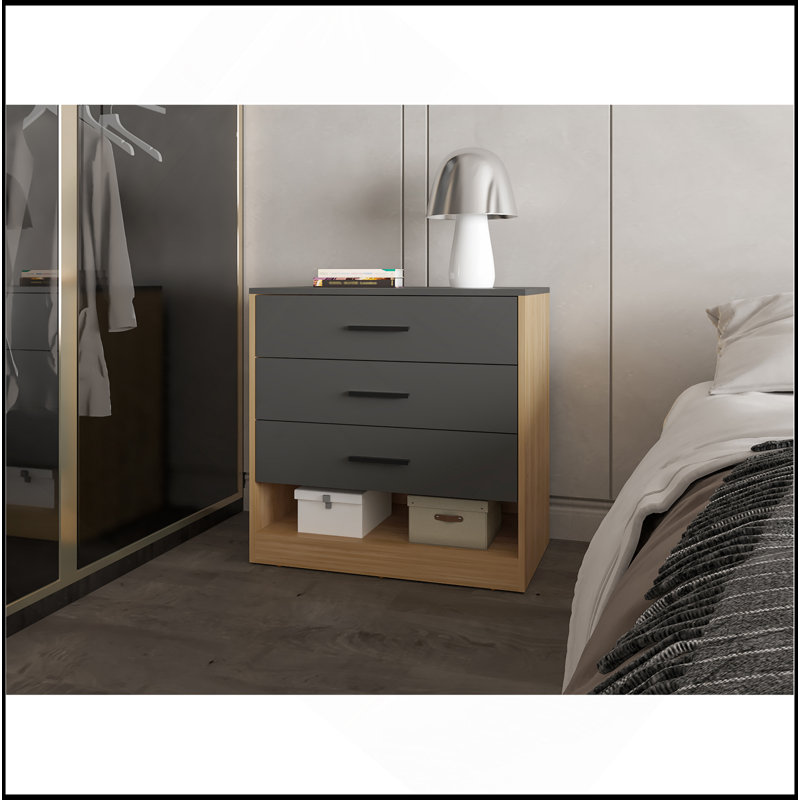Commode avec 3 tiroirs et tablette ouverte Lowrys, chêne naturel et gris mat