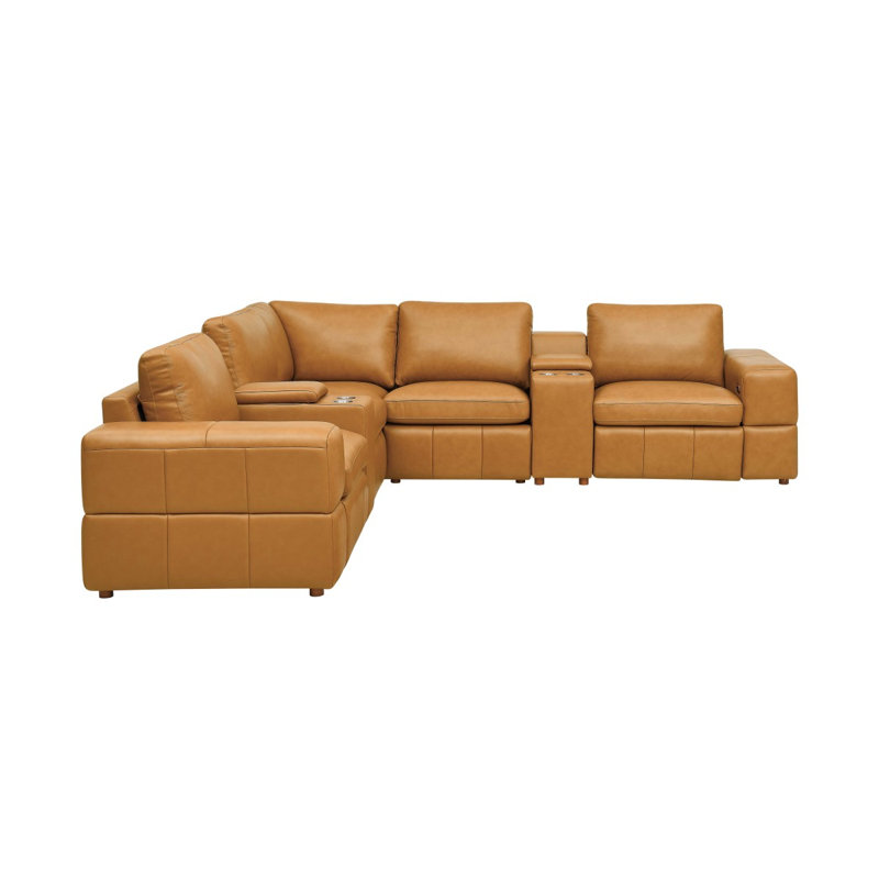 Canapé modulaire en cuir de première qualité avec accoudoirs assortis et deux sièges inclinables, Gingembre gingembre