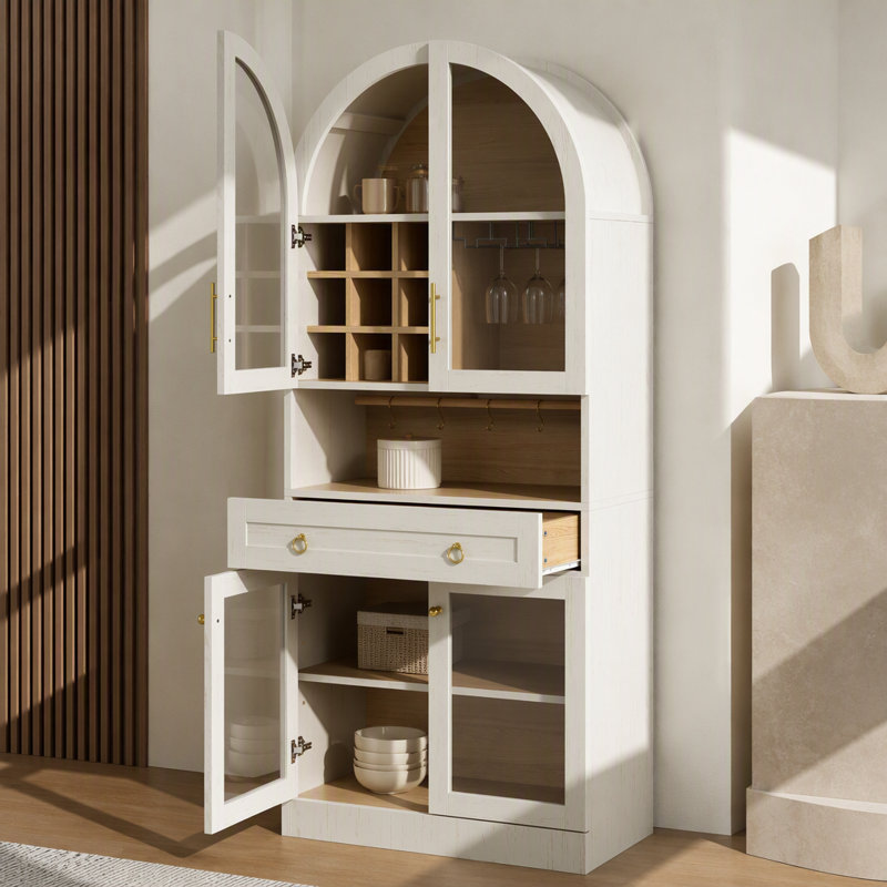 Meuble-bar arqué, haut de 178 cm, style milieu du siècle, avec tablette ajustable, 5 crochets, 9 casiers à bouteilles, 3 porte-verres, blanc