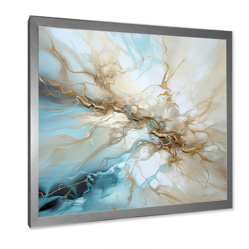" Lightning Beige And Blue Liquid Art Explosion ", 36" H x 36" W x 1.5" D, Silver Single Picture Framed