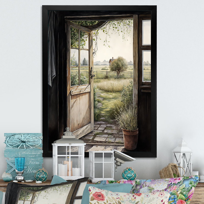 " Farm Landscape Through A Door ", Black Picture Framed, 20" H x 12" W