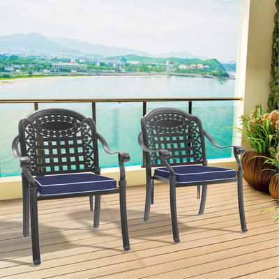 Chaise de patio en fonte d'aluminium 2 pièces avec structure noire et coussins bleus